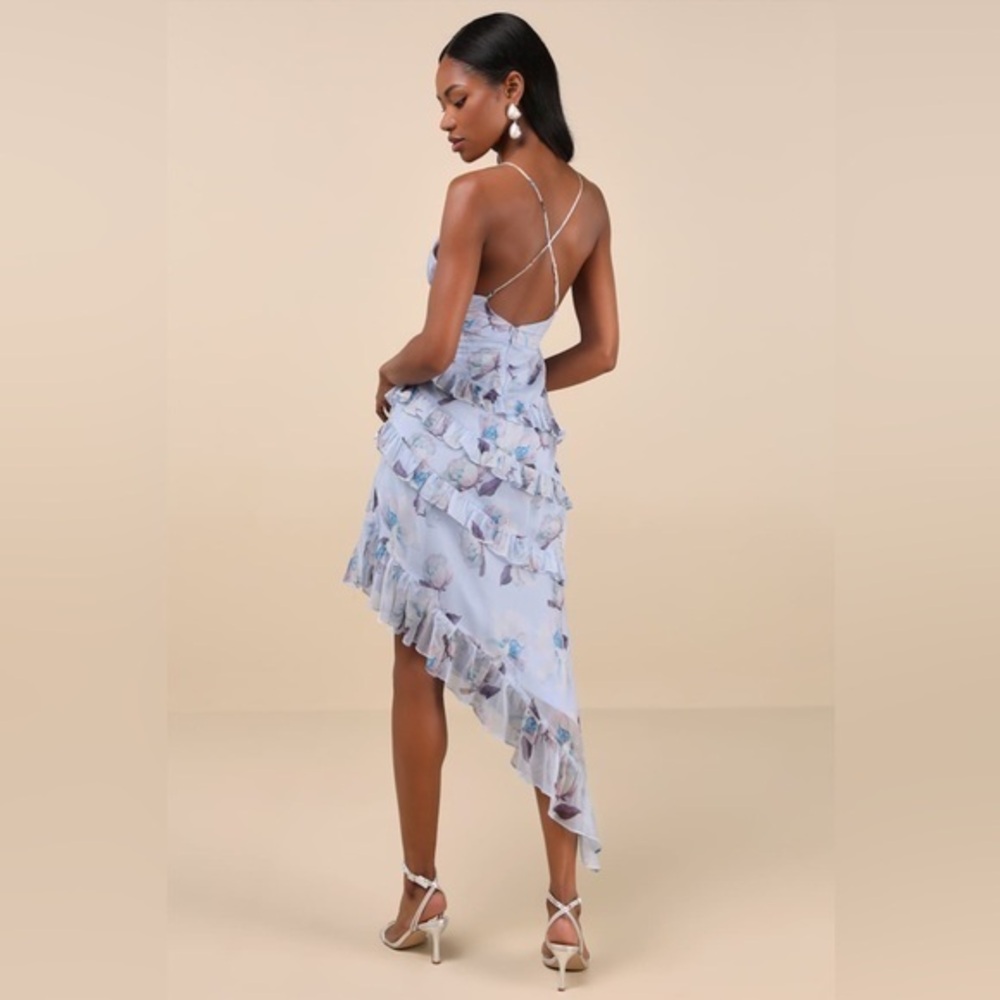 NEW Lulus Saveria Light Blue Floral Ruffle Asymmetrical Maxi Dress XS Party - Picture 3 of 9